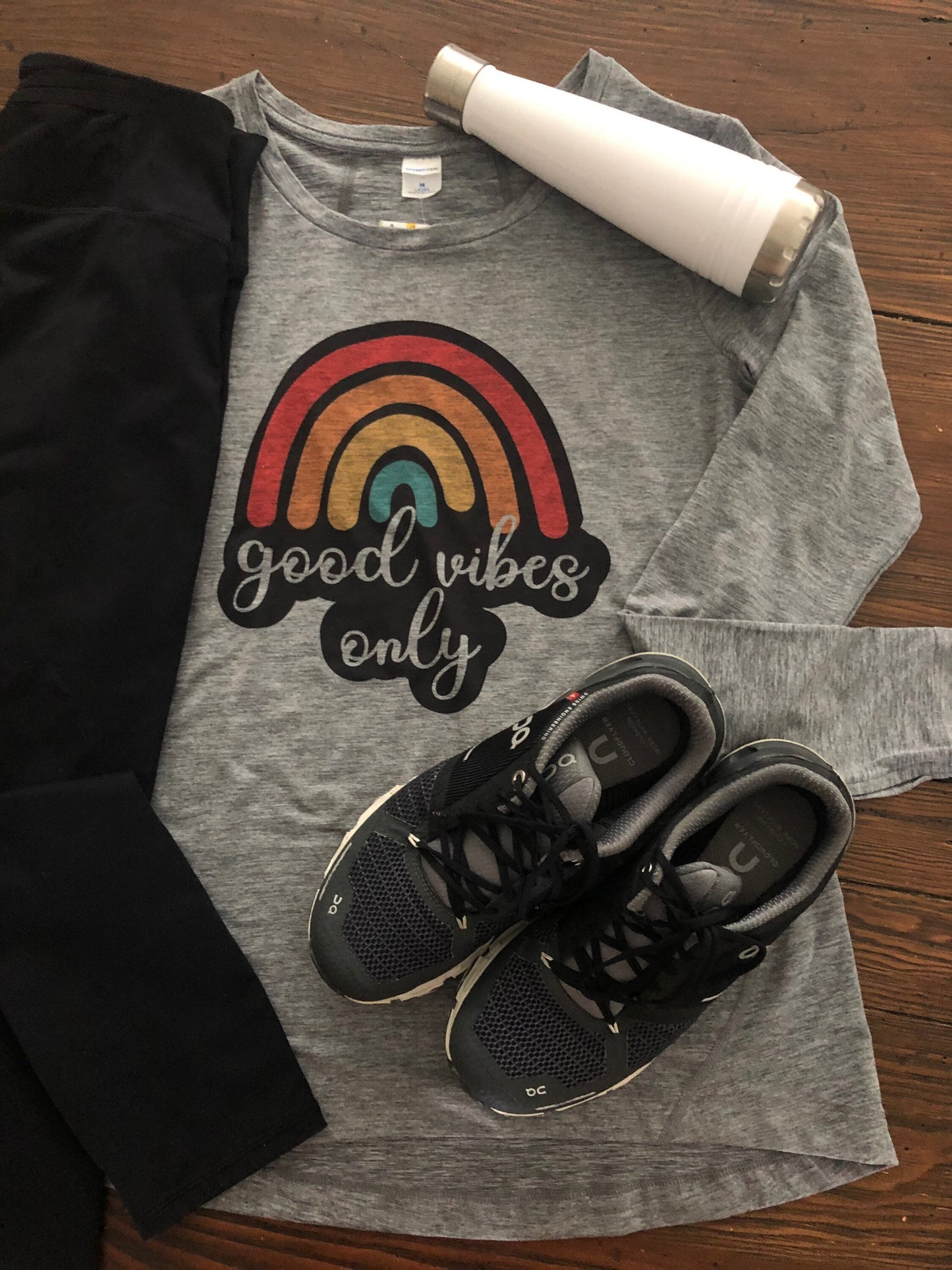 Good Vibes Only Rainbow Sport-tek Ladies Long Sleeve After Workout Tee with Thumbholes