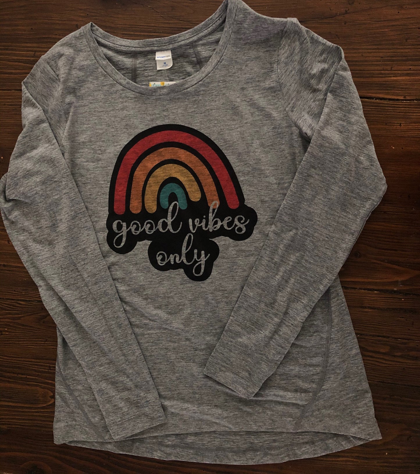 Good Vibes Only Rainbow Sport-tek Ladies Long Sleeve After Workout Tee with Thumbholes