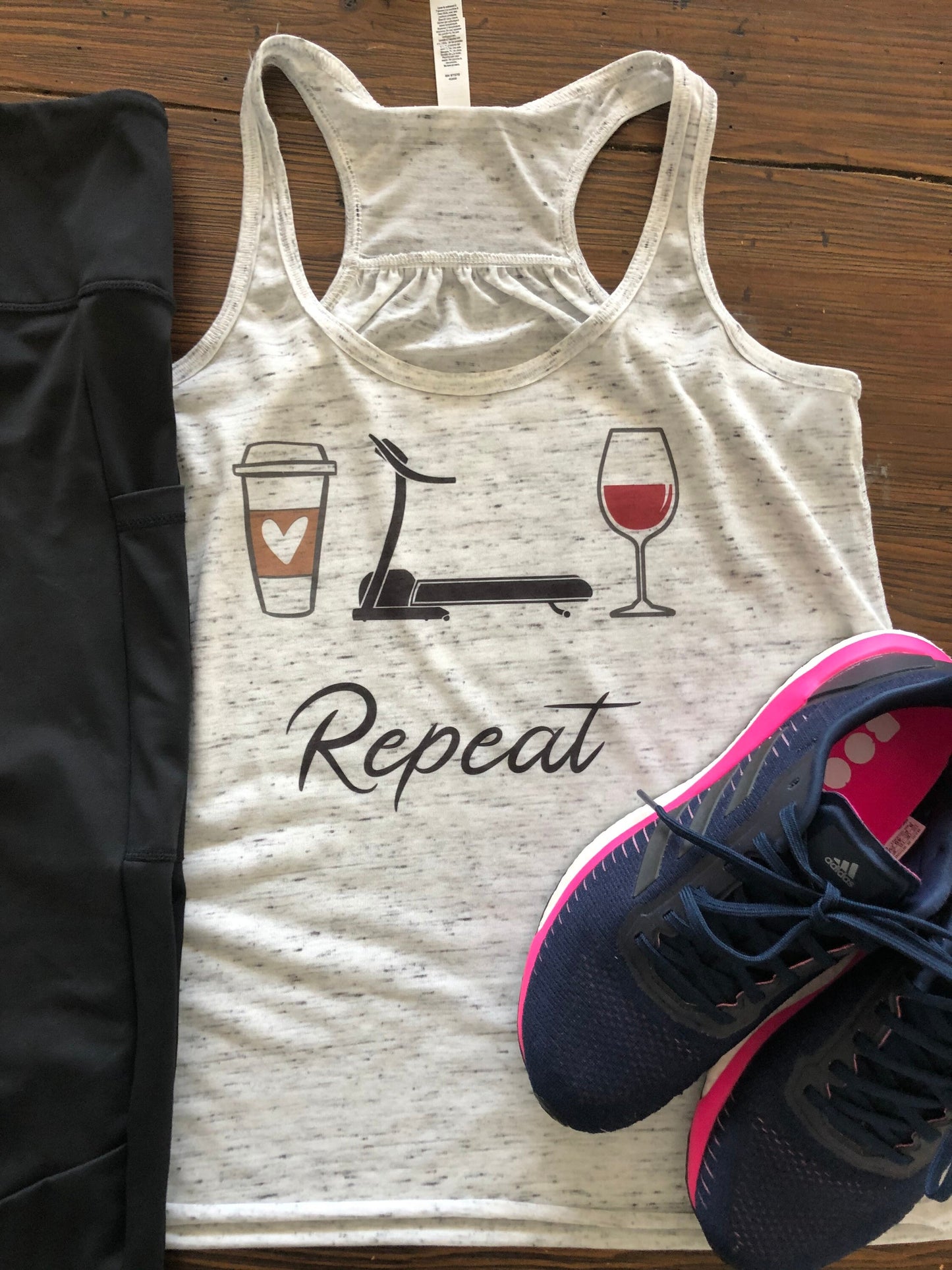 Coffee Tread Wine  Repeat Bella Ladies Flowy Racerback Tank