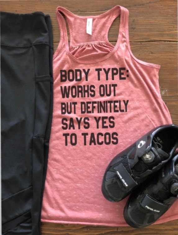 Body type: works out but definitely says yes to........ Choose your treat!  Bella Flowy Racerback Tank