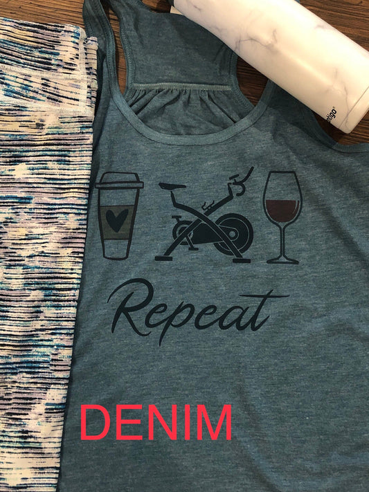 Coffee Bike Wine Repeat  Bella Ladies Flowy Racerback Tank