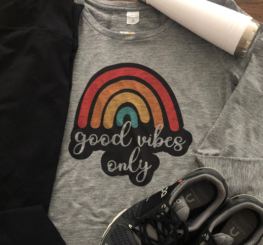 Good Vibes Only Rainbow Sport-tek Ladies Long Sleeve After Workout Tee with Thumbholes