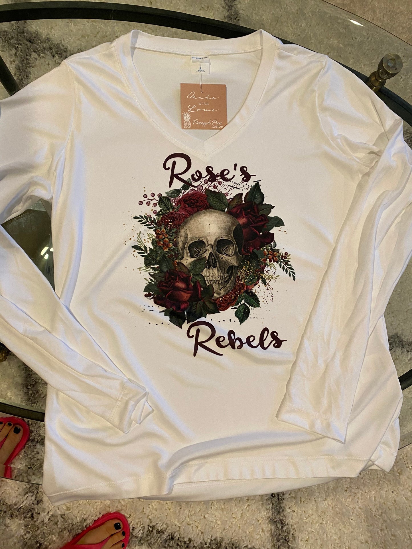 Rose’s Rebels Skull and Roses Sport-tek Posi charge Competitor Shirts/Choice of Ladies Racerback, Sleeveless, Short Sleeve Tee and Long Sleeve Vneck